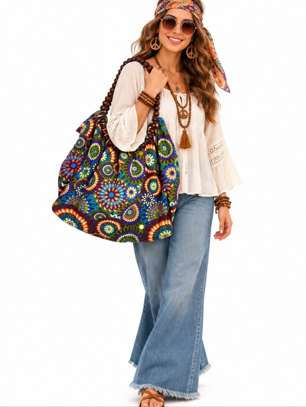 Multicolor Flower Print Large Tote Bag with Beaded Straps